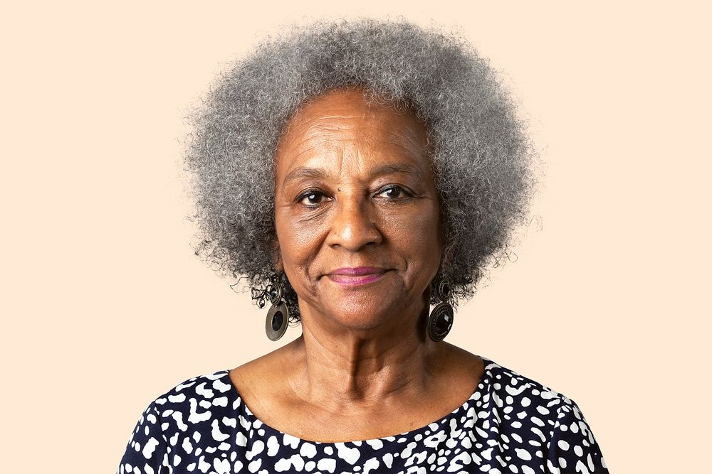 Elderly woman smiling mockup psd face closeup portrait on cream background