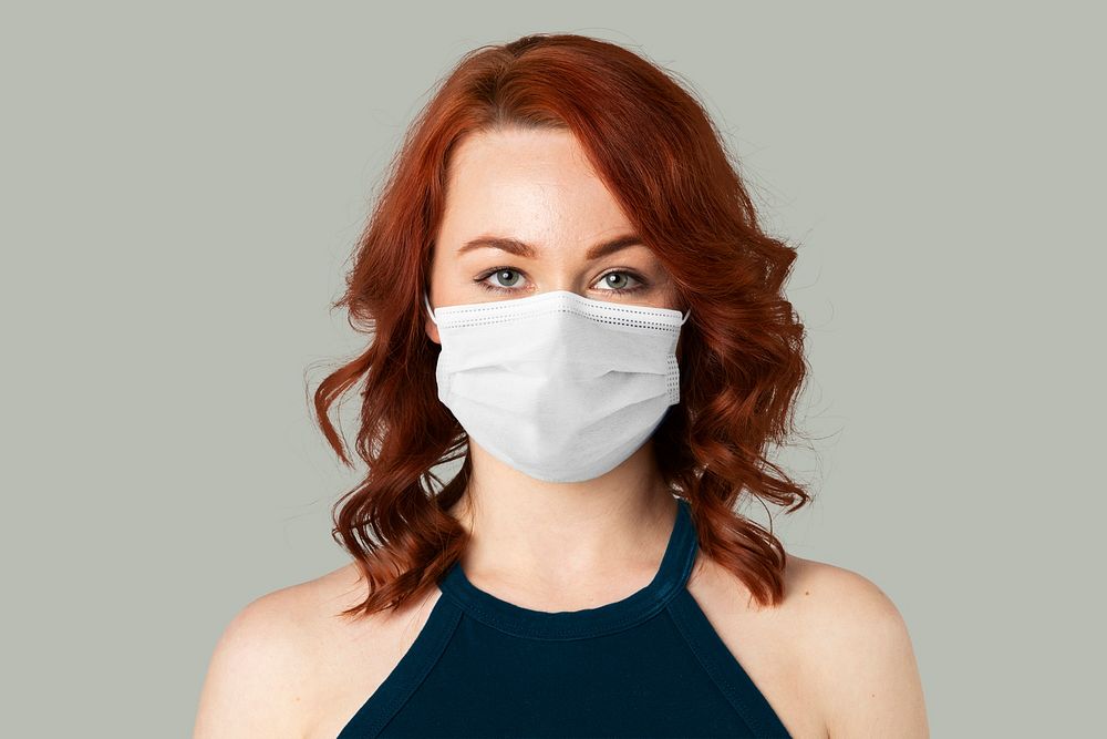 Gray mask mockup on woman psd Covid-19 prevention photoshoot
