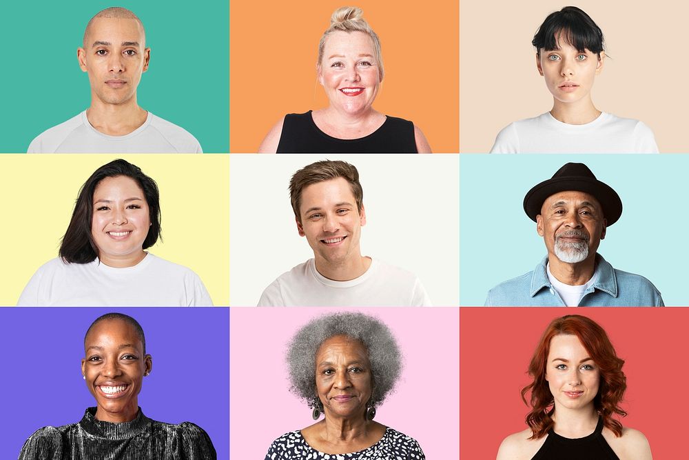 Multicultural people mockup psd closeup portrait on colorful background set