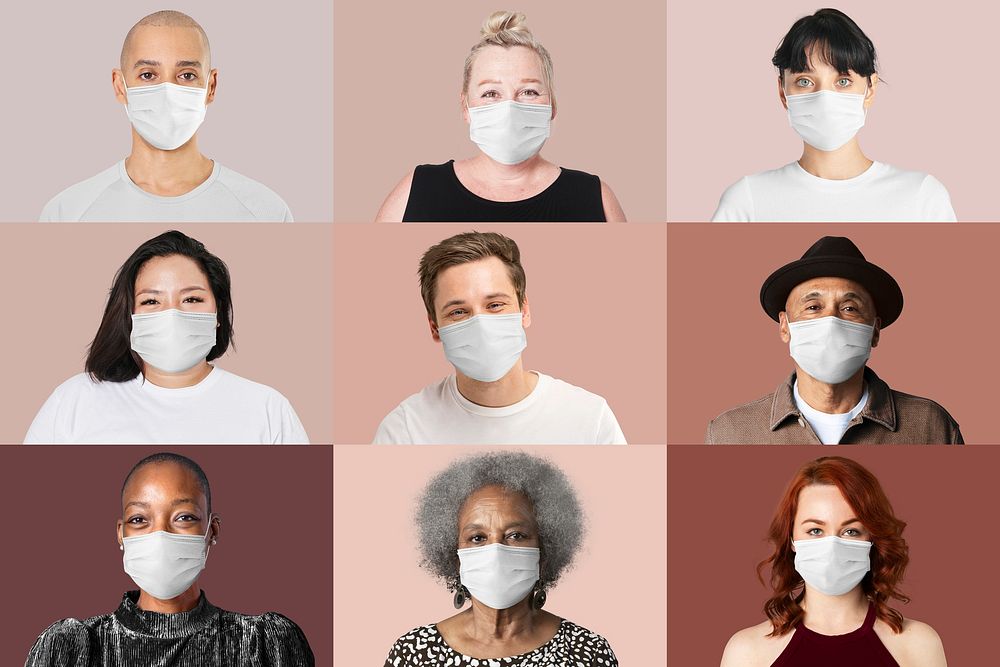 Covid-19 face mask mockup psd diverse people face closeup collection