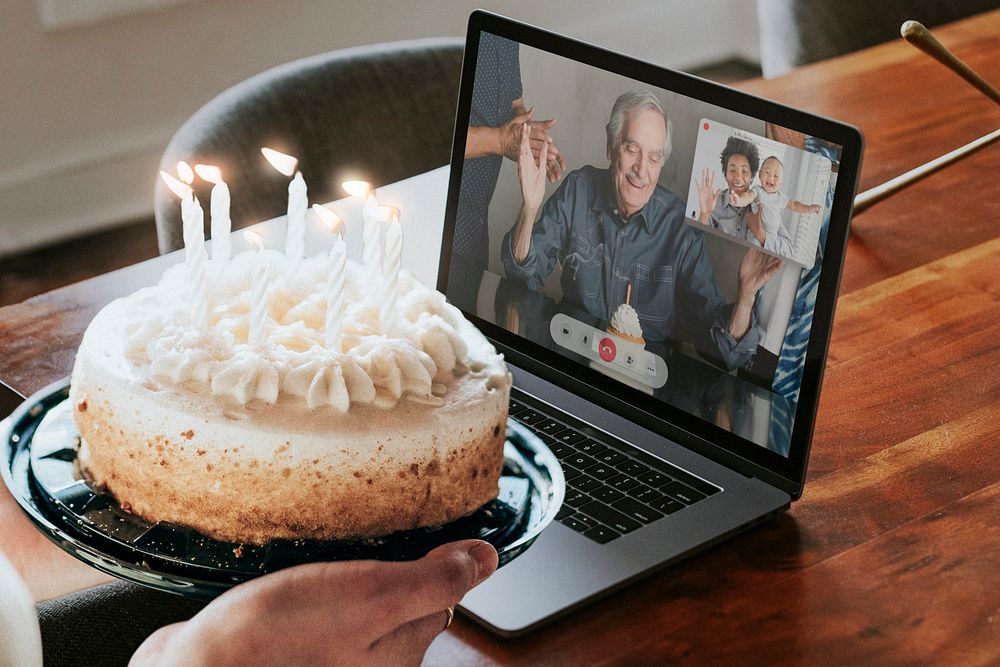 Laptop screen mockup psd with virtual birthday party in the new normal