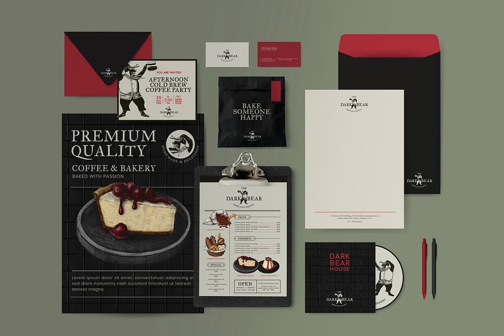 Corporate identity editable template vector set for restaurant business in dark tone