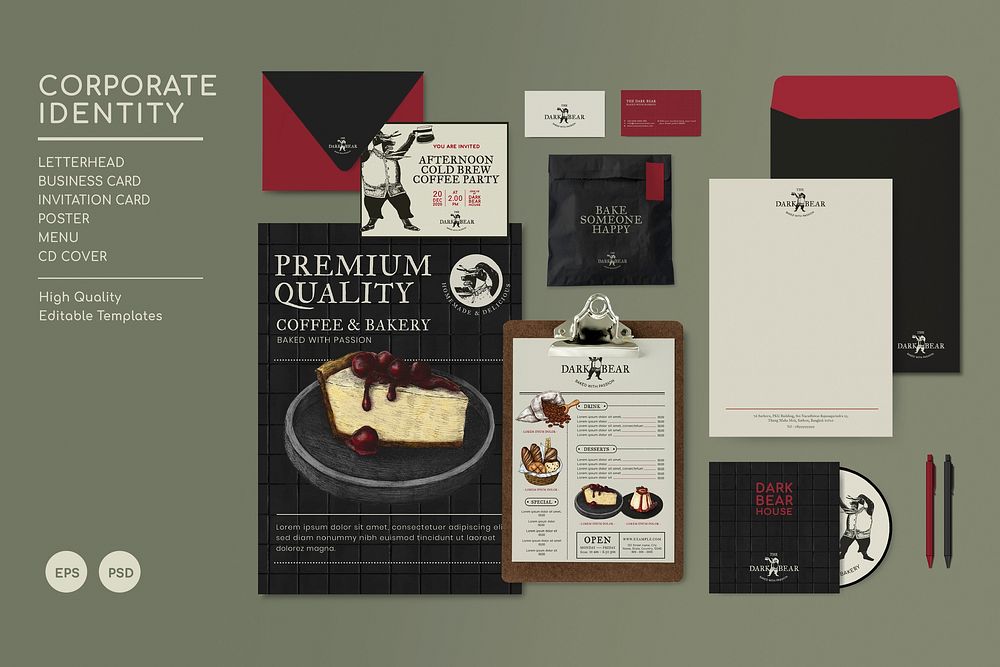 Corporate identity restaurant business psd mockups and templates in dark tone