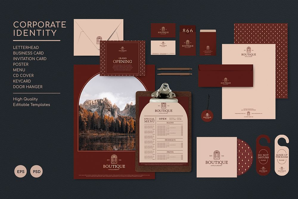 Corporate identity travel and tourism industry psd mockups and templates in muted red tone