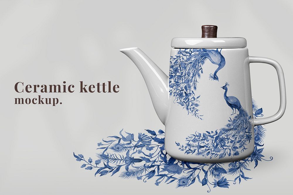 Editable porcelain kettle mockup psd with blue peacock pattern