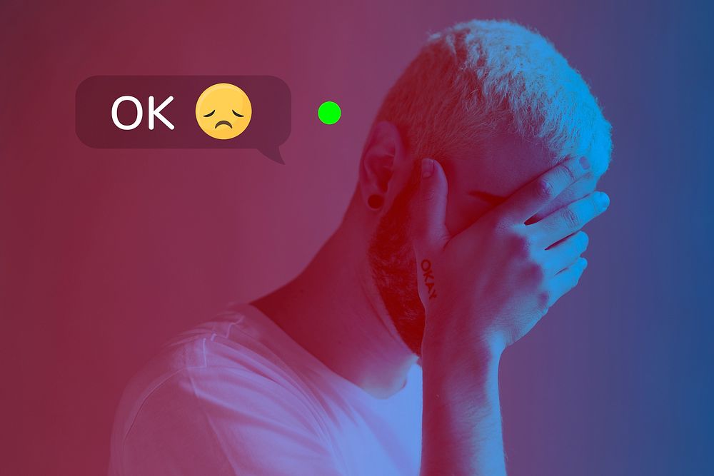 Depressed man in denial of being okay for social media ad