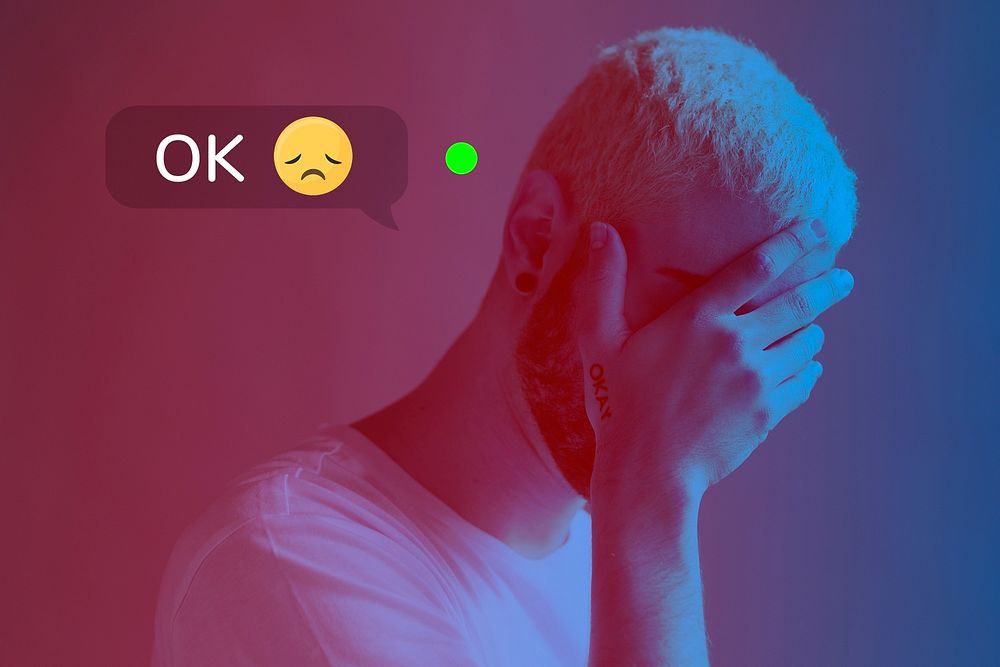 Depressed man in denial psd of being okay for social media ad