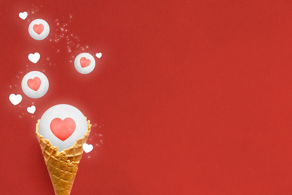Cute love red background psd social media reaction in ice-cream cone