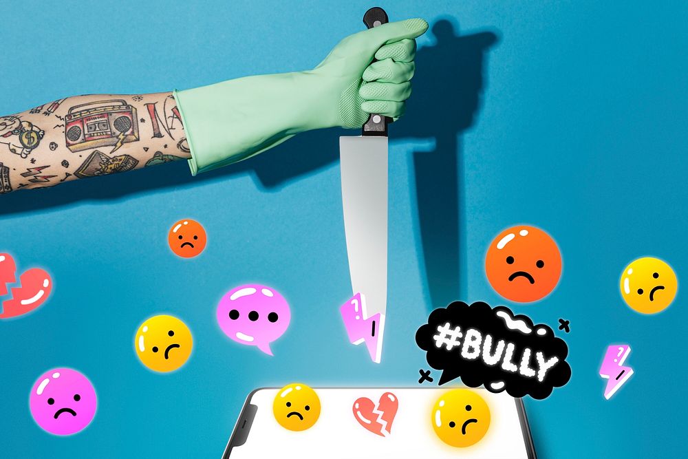 Tattooed man holding knife psd for cyberbully campaign