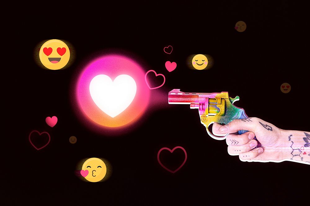 Heart social media reaction person firing colorful gun media mix