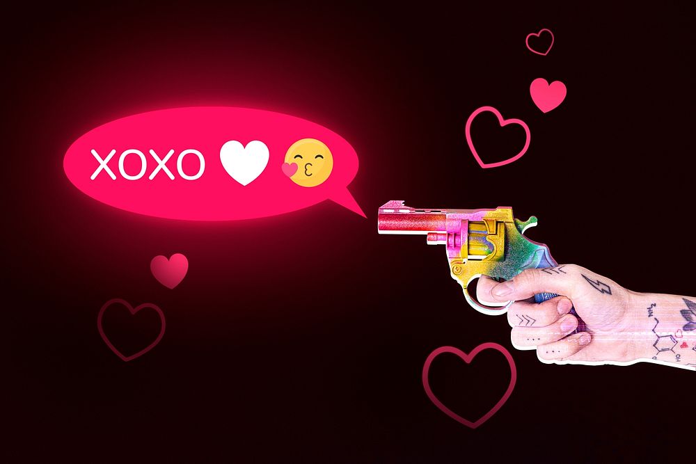 &lsquo;Xoxo&rsquo; flirty text psd person firing colorful gun media mix