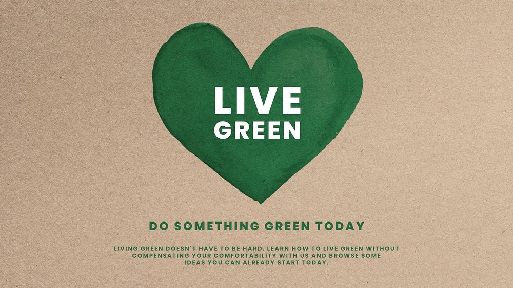 Green heart psd template with LIVE GREEN text on brown paperboard