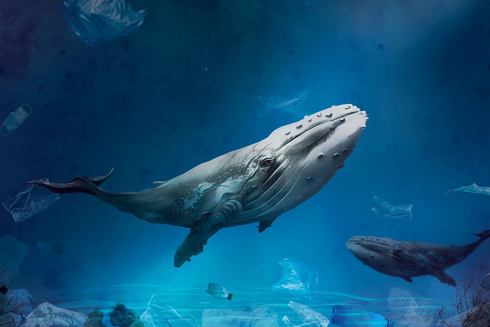Ocean pollution campaign with whale swimming with plastic bags floating