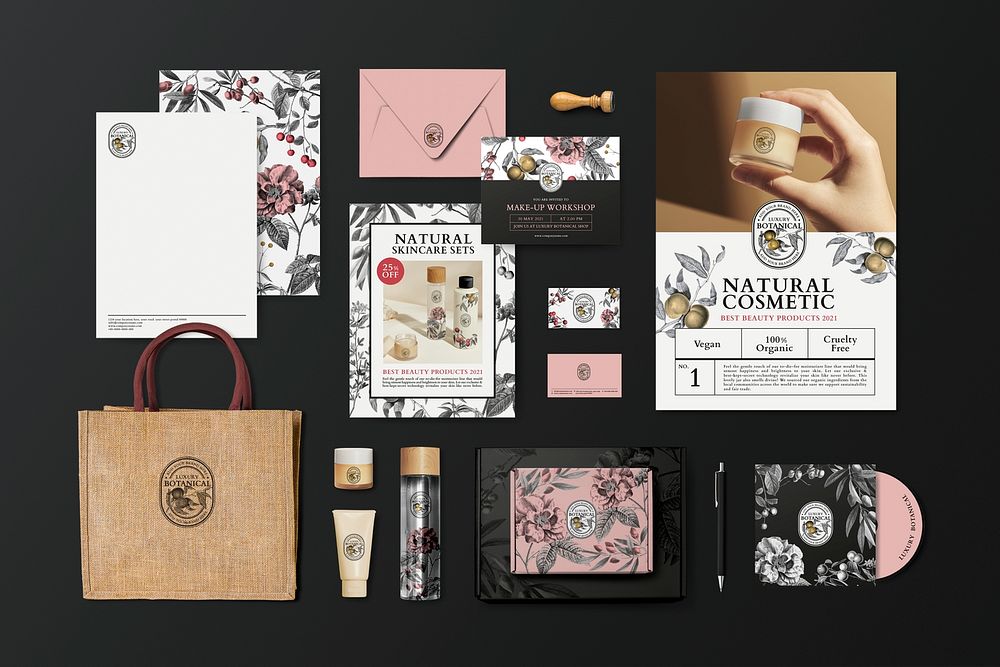 Corporate identity mockup psd in vintage floral theme for organic cosmetic brands