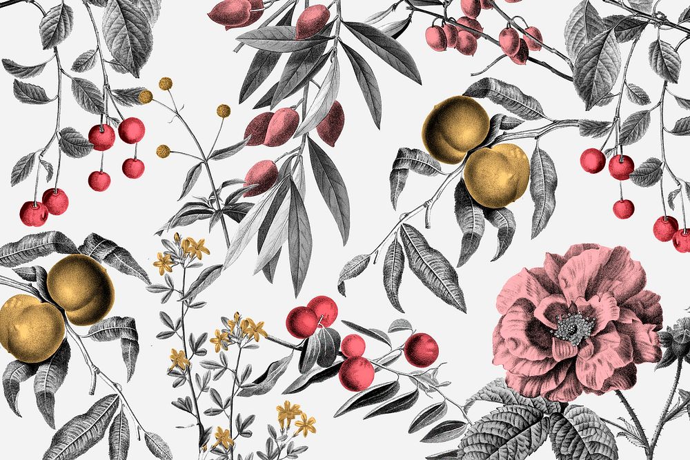 Vintage rose pattern psd pink botanical and fruits illustration