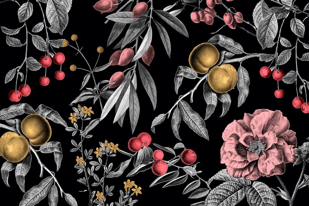 Elegant rose floral pattern pink fruits vintage illustration