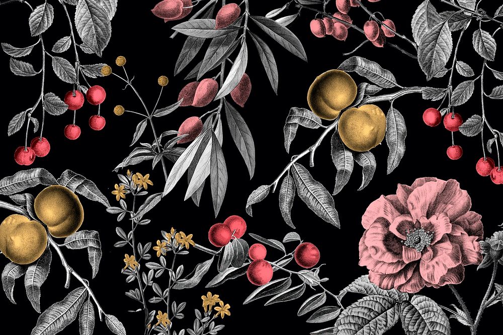 Elegant rose floral pattern psd pink fruits vintage illustration