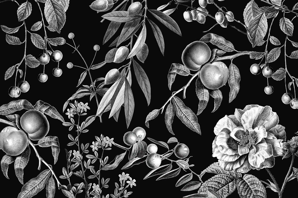 Vintage rose pattern psd black and white botanical and fruits illustration