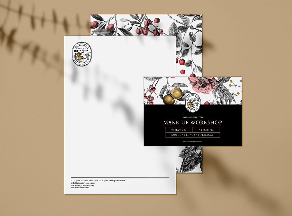 Editable business invitation mockup psd in floral vintage theme for cosmetic brands