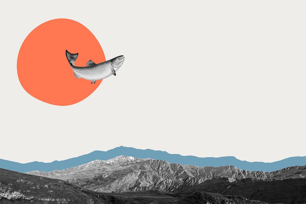 Creative background psd of abstract mountain range with sun and flying trout fish remixed media