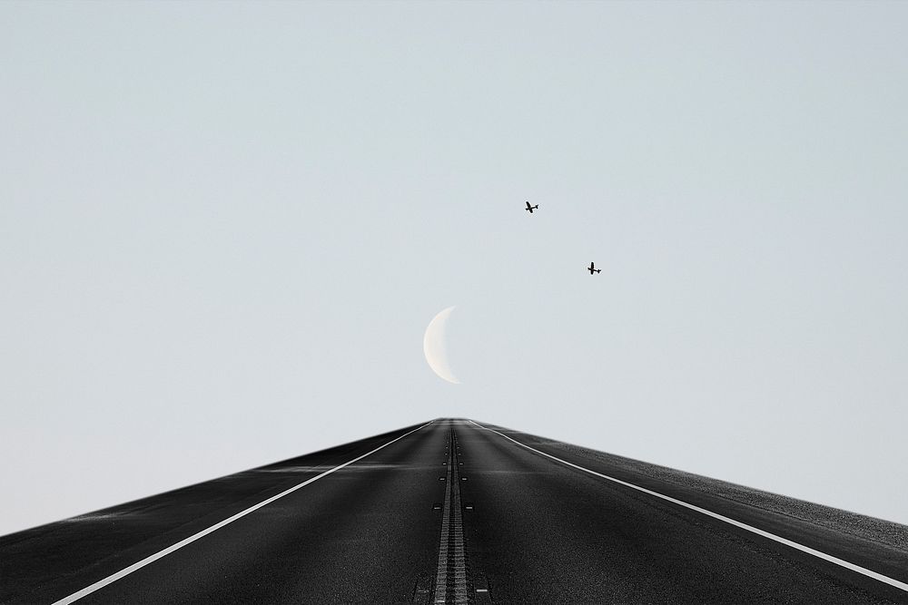 Abstract background of road to the moon with birds flying