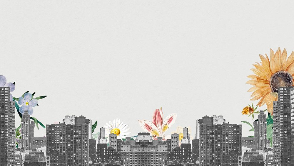 Creative background of grayscale cityscape and flowers remixed media design space