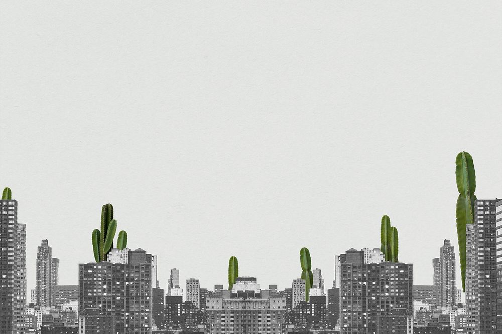 Creative background psd of grayscale cityscape and cacti remixed media design space