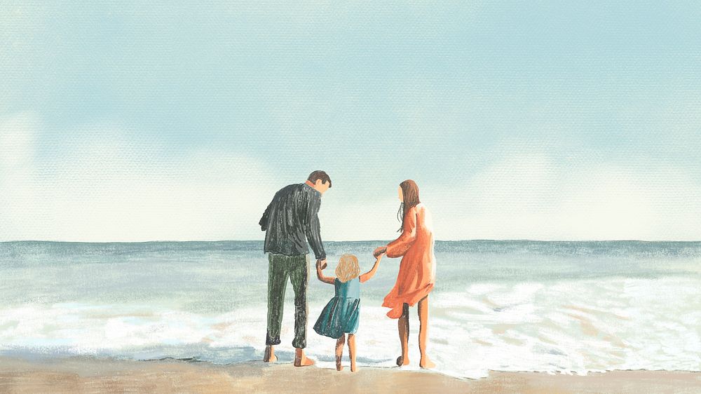 Family at beach wallpaper psd color pencil illustration