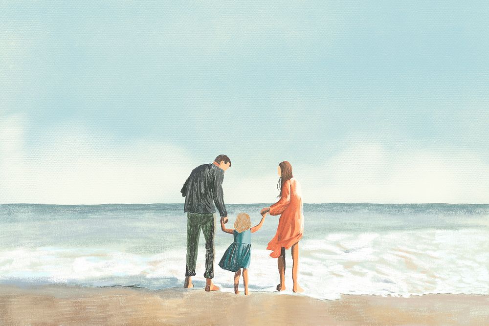Family at beach background vector color pencil illustration