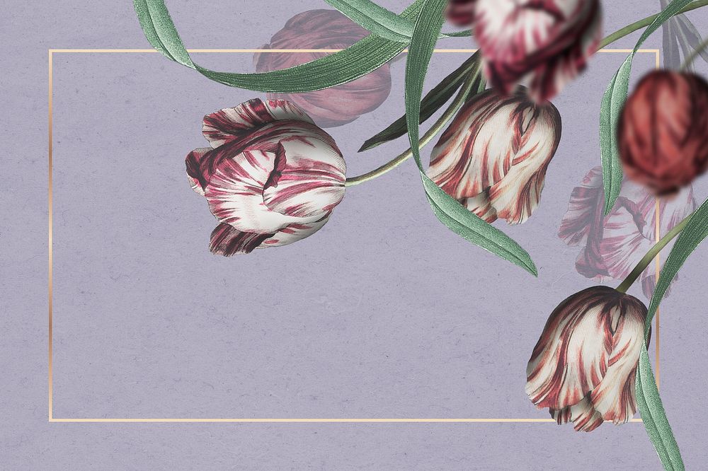 Wedding frame psd with tulip border on purple background