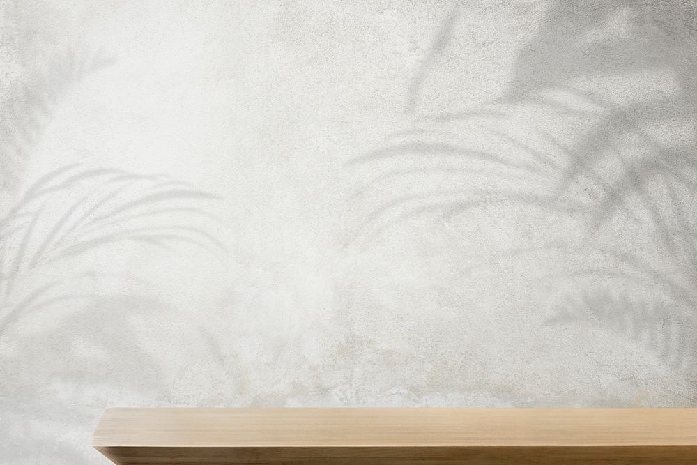 Product backdrop psd mockup, plant shadow in empty wooden table with concrete wall 