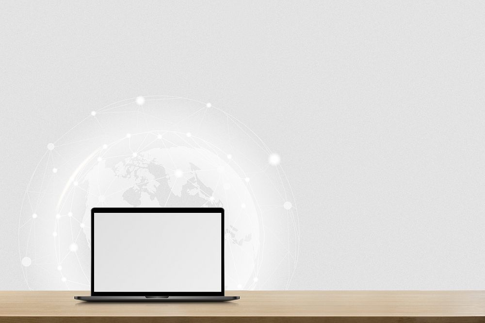 Global network background psd with blank laptop screen