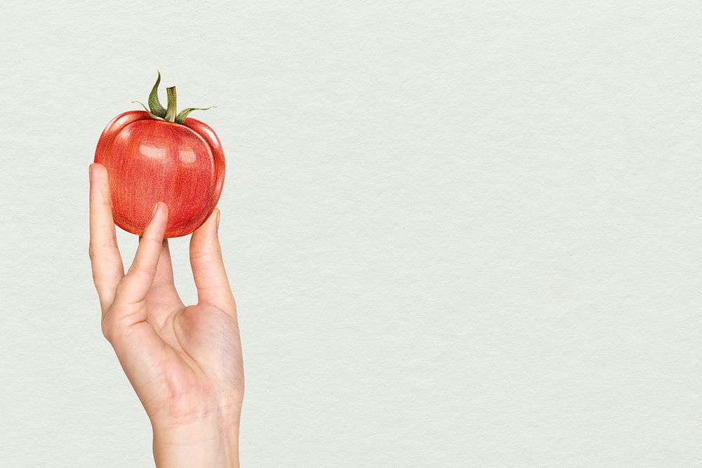 Healthy diet gray background psd with hand holding tomato illustration remixed media