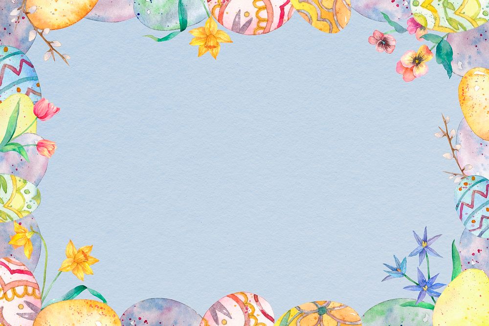 Colorful Easter eggs frame on blue background cute watercolor illustration 