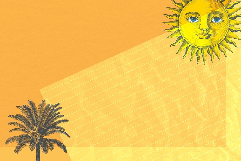 Tropical background psd with sun and palm tree mixed media, remixed from public domain artworks