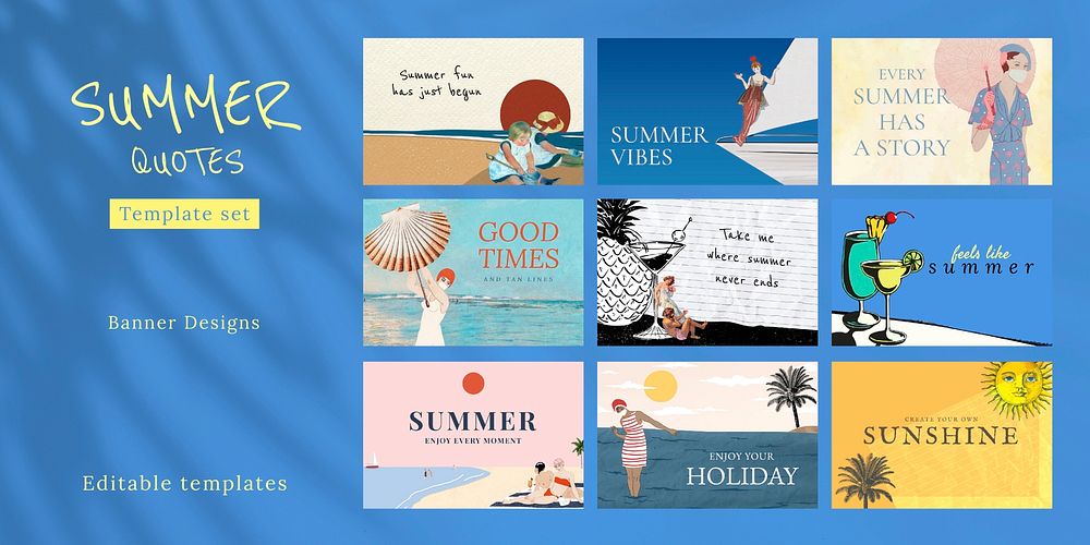 Summer quote psd editable template set, remixed from public domain artworks