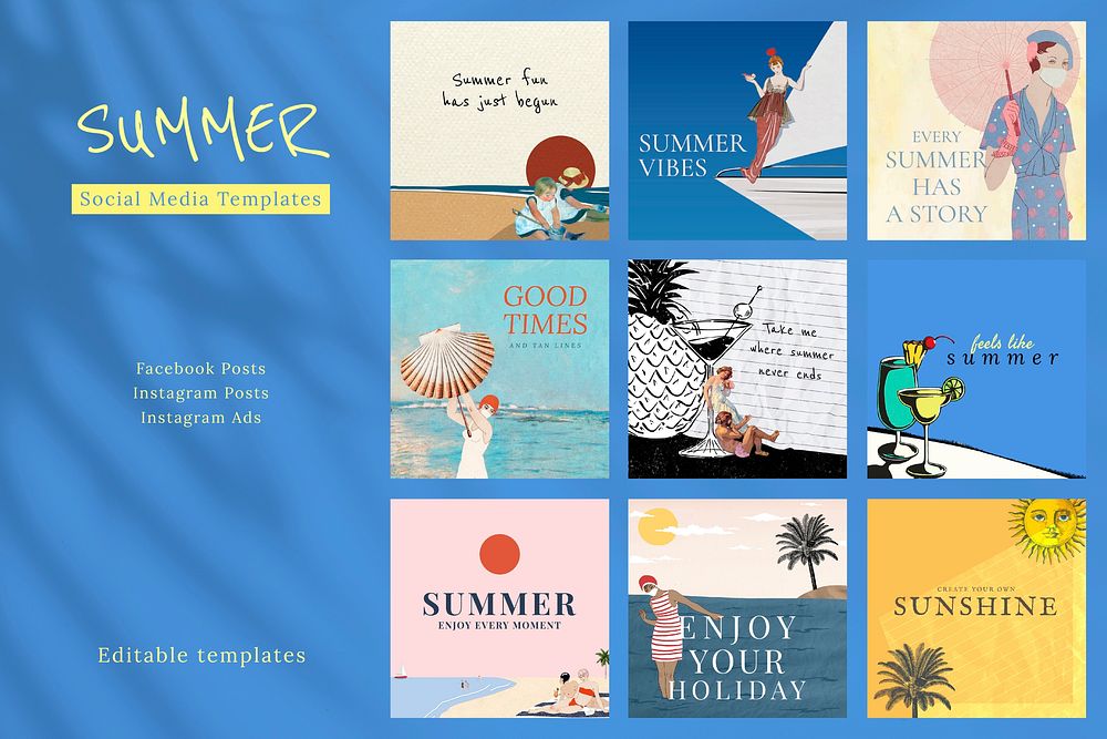 Summer quote psd editable template set, remixed from public domain artworks