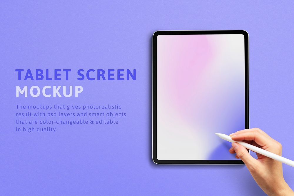 Tablet screen mockup psd with hand holding stylus AD