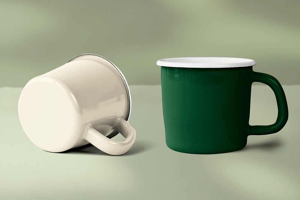 Beige and green coffee mugs