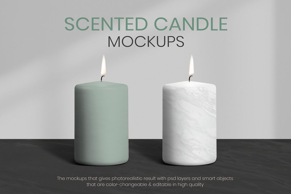 Scented candle mockup psd in green and white marble