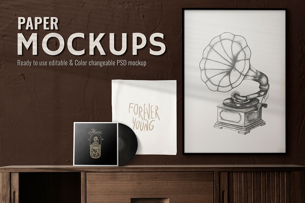 Editable paper mockups psd ad with picture frame and vinyl record