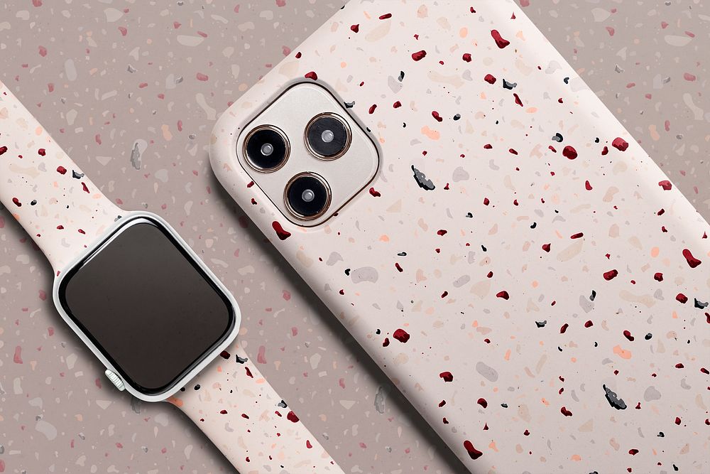 Terrazzo phone case mockup psd with smartwatch band