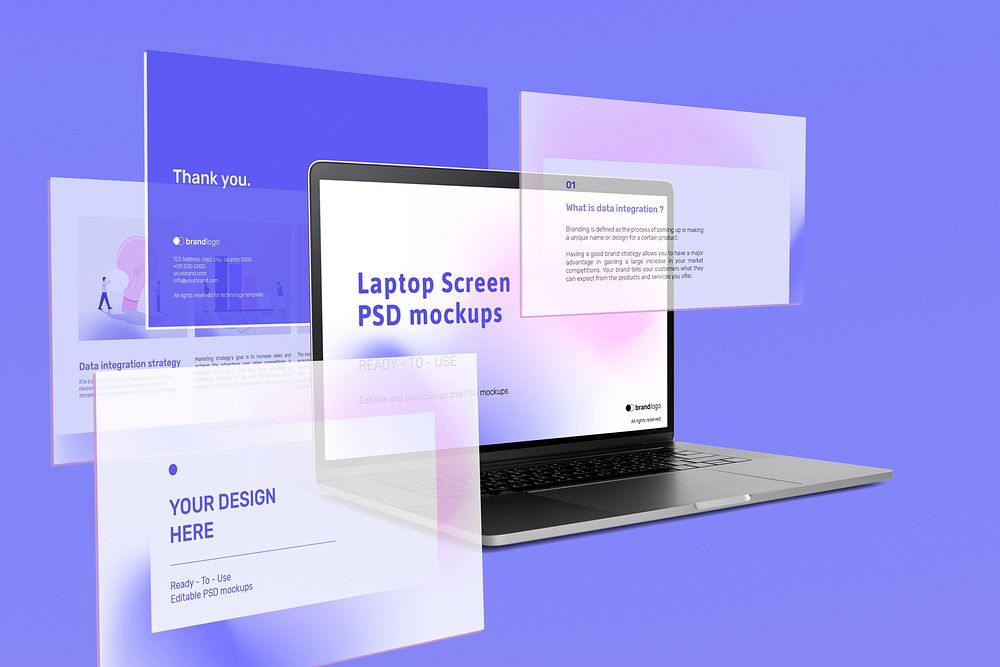 Editable laptop screen mockup psd ad with presentation slides