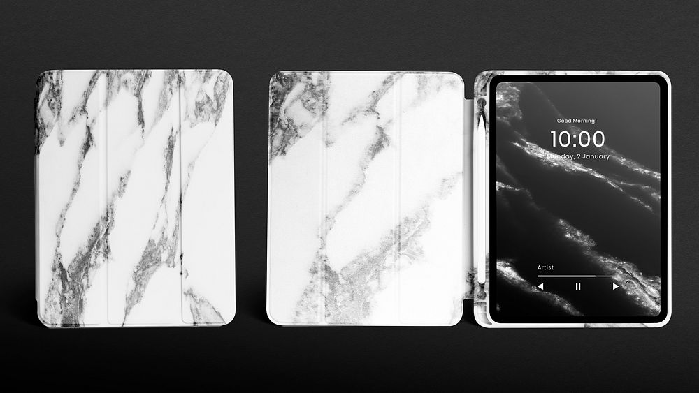 Tablet case mockup psd with marble design 