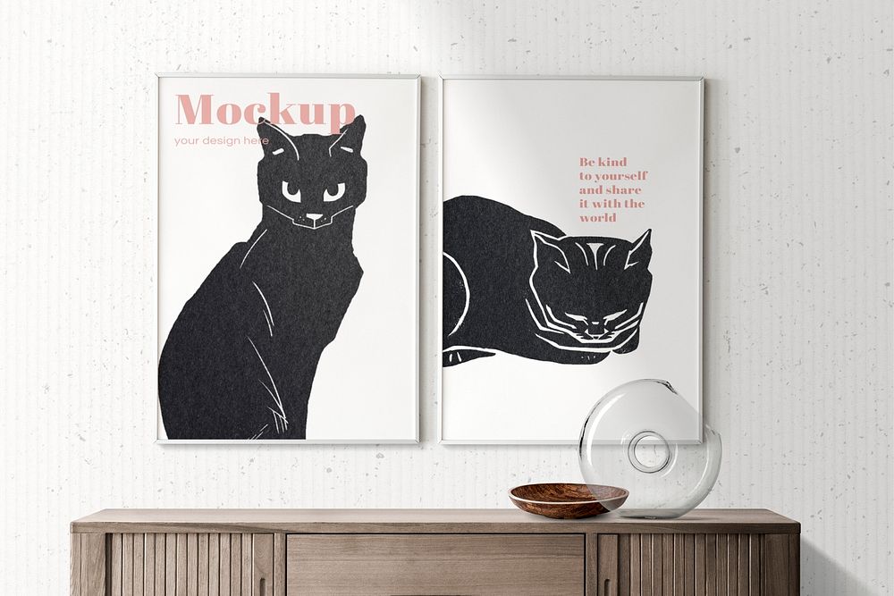 Picture frame mockup, cat wall decoration psd