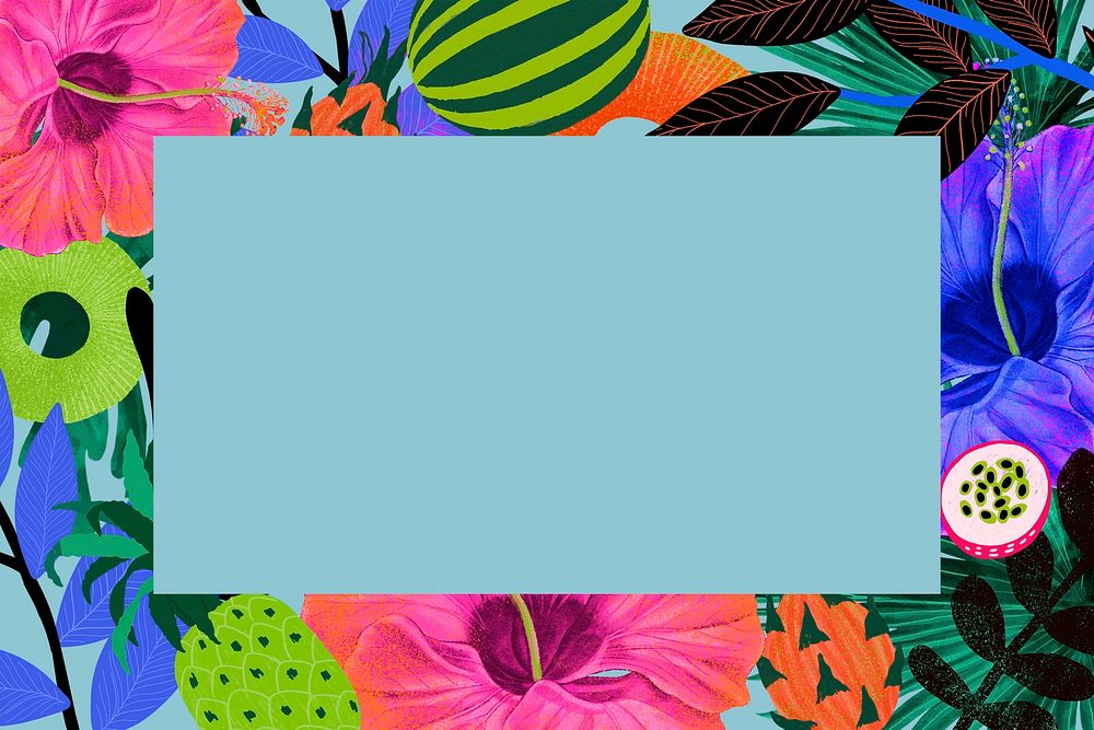 Tropical flower frame psd illustration in colorful tone