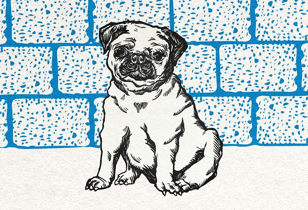 Cute pug dog psd vintage illustration on blue brick wall