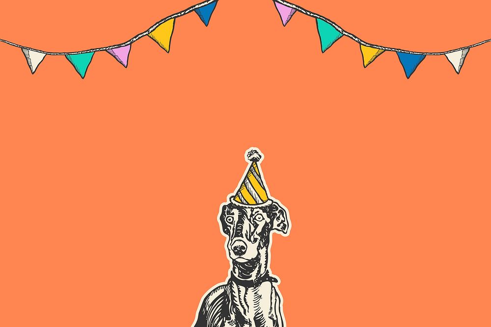 Cute birthday orange background vector with vintage greyhound dog in party cone hat