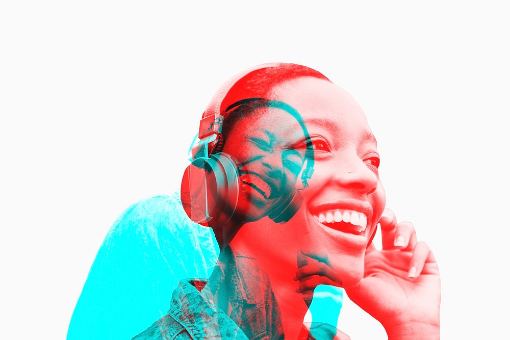 Woman listening to music psd with wireless headphones in double color exposure effect