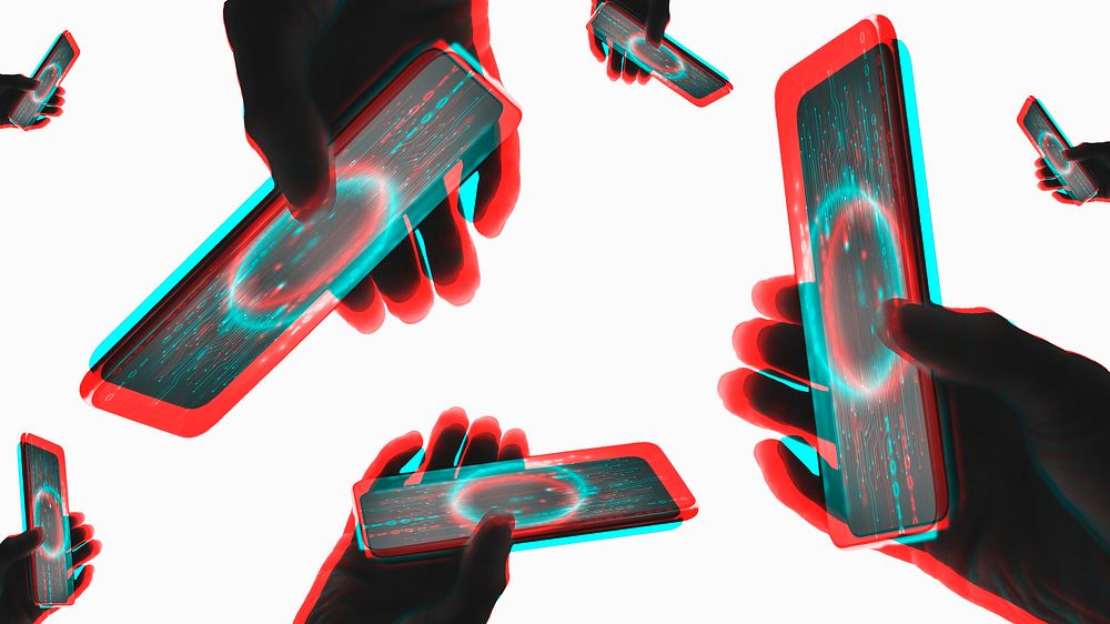 Hands and futuristic smartphones in double color exposure effect in double color exposure effect